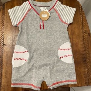 NWT Mudpie Baby baseball shortall/ romper 9-12 months